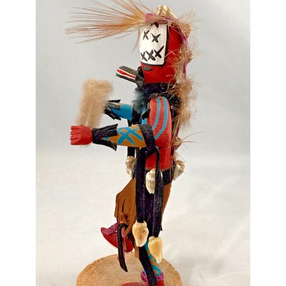 Kachina Tribal Dancing Doll Shells Feathers Leather Wood 7" Signed - Picture 5 of 8